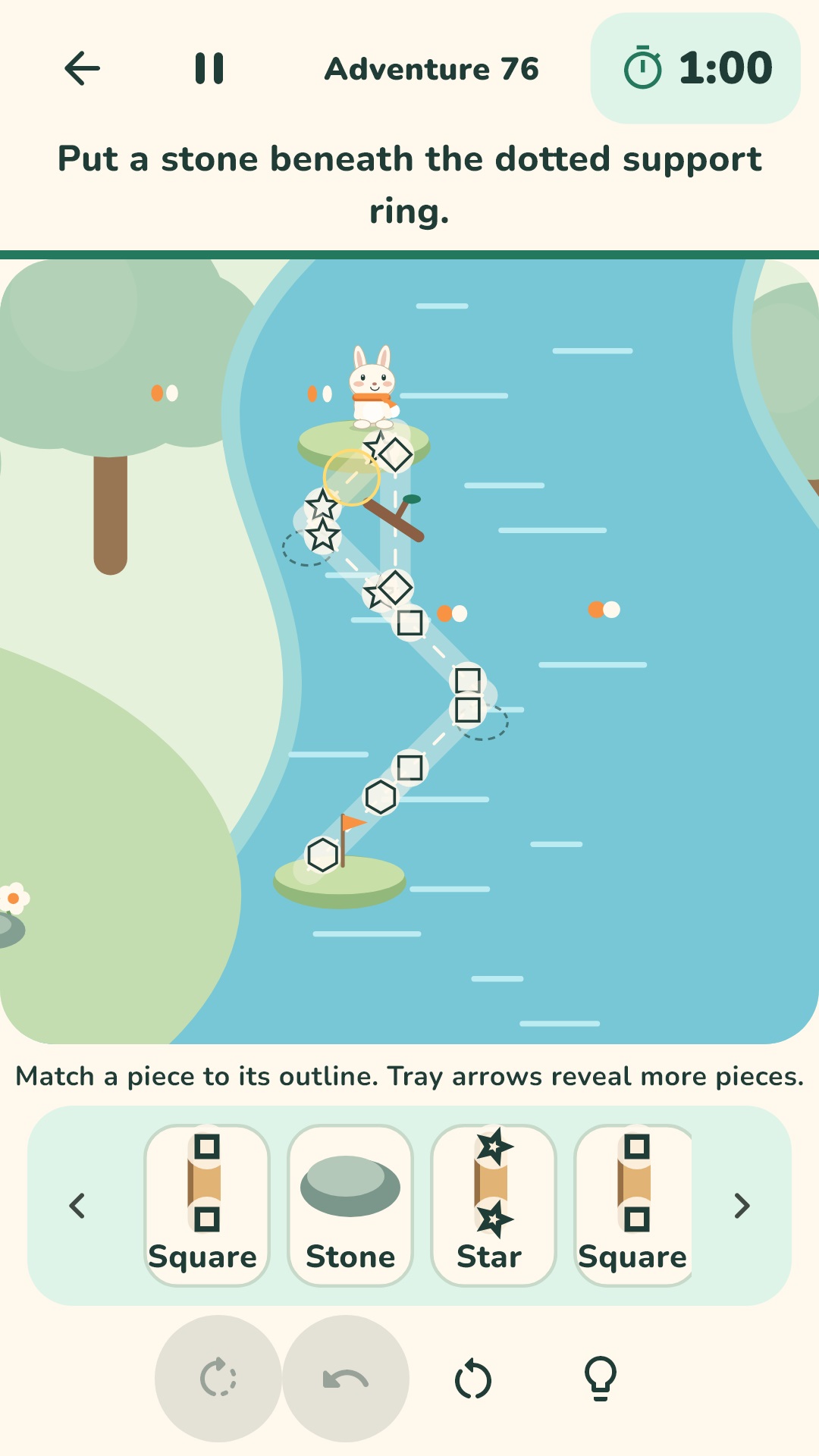 A portrait bridge puzzle in adventure 76 with a one-minute timer and a tray of shaped pieces.